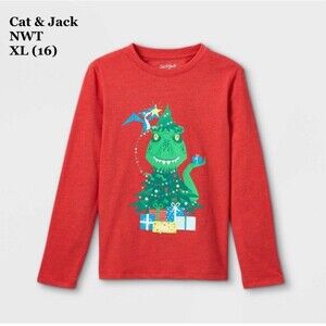 Boys' Christmas Dinosaur Tree Graphic T-Shirt Size XL (16) Red Long Sleeve Tee